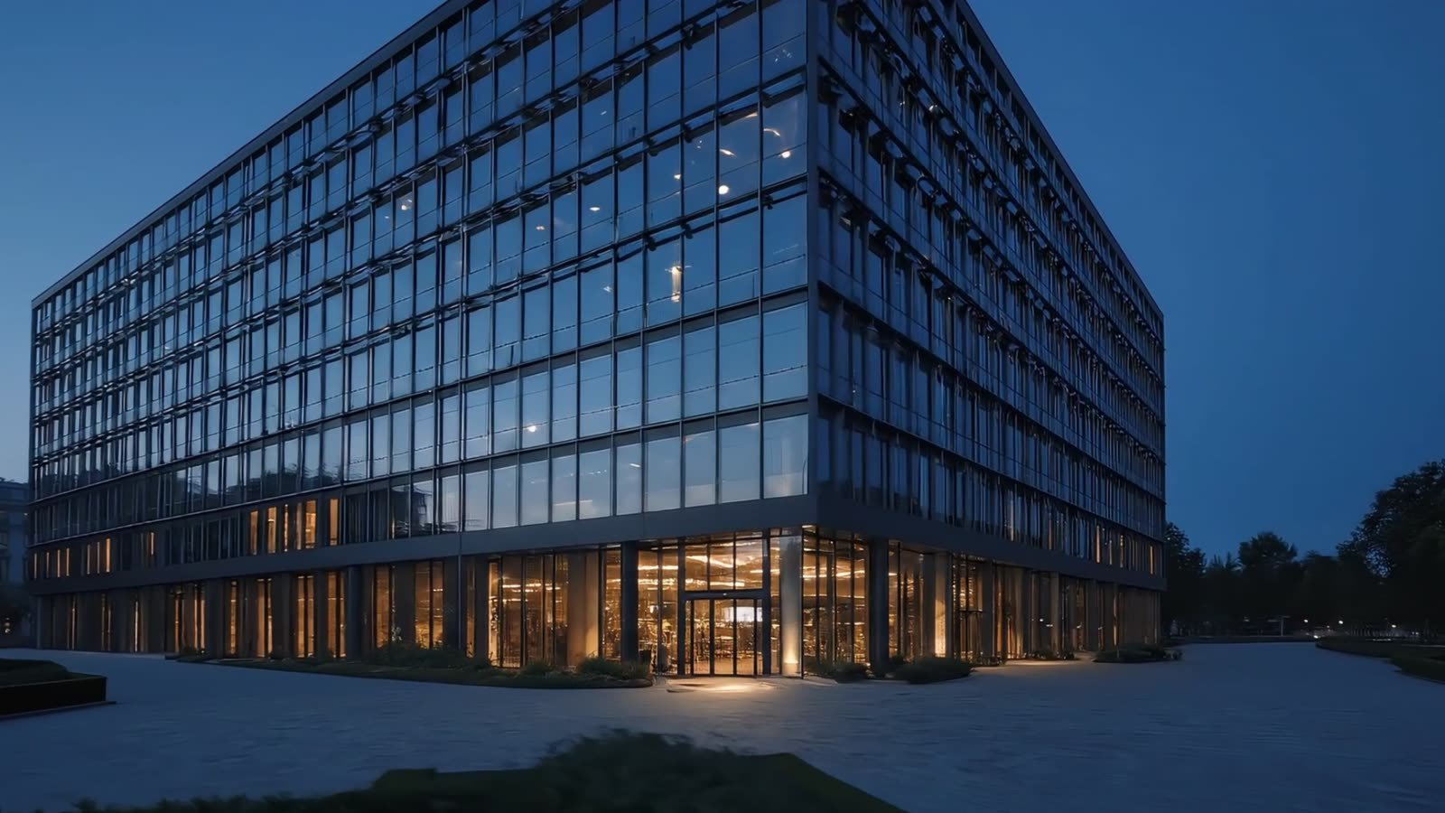 Bürokomplex zur blauen Stunde mit beleuchtetem Empfang — Standbild aus dem Elite-Group-Imagefilm